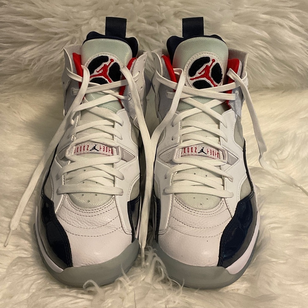 Jordan Jump-Man Two Trey Sneakers in White, Navy, and Red